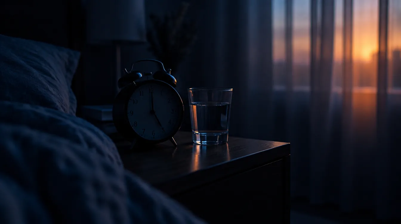 An alarm clock on a bedside table before dawn