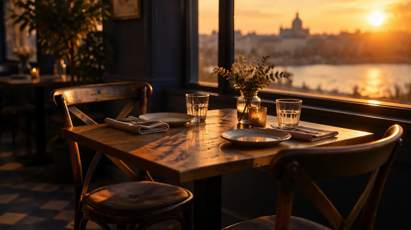 An empty cafe table set for two