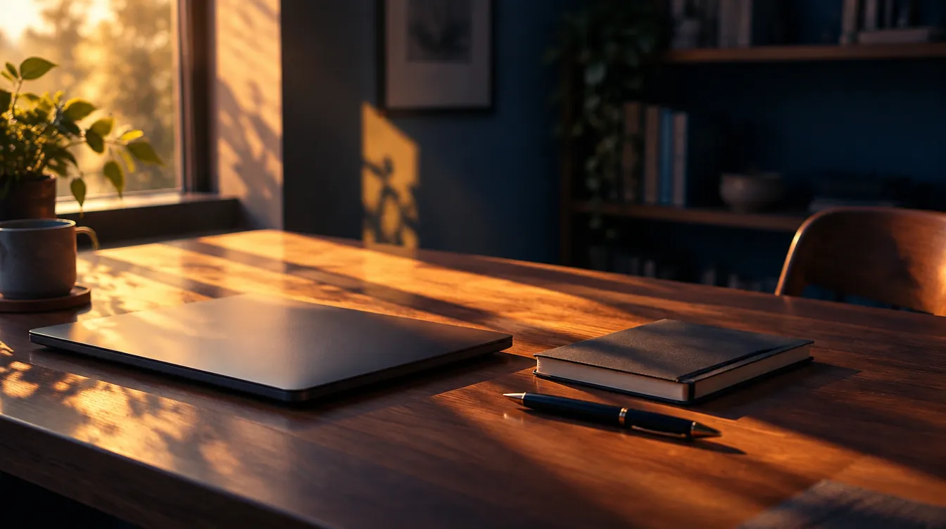 A desk with a closed laptop in morning light