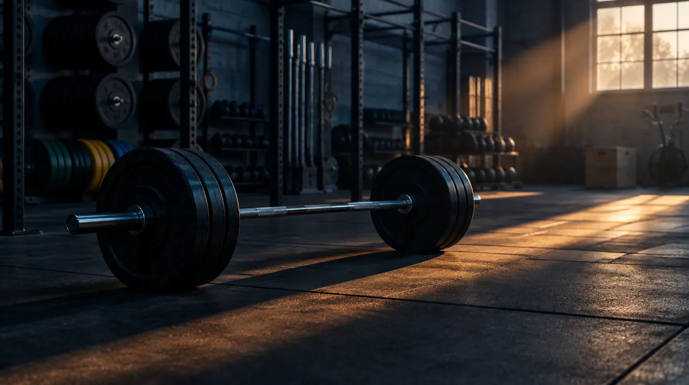 A loaded barbell on the floor of an empty gym