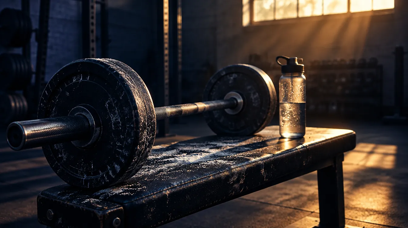 A barbell and water bottle on a gym bench