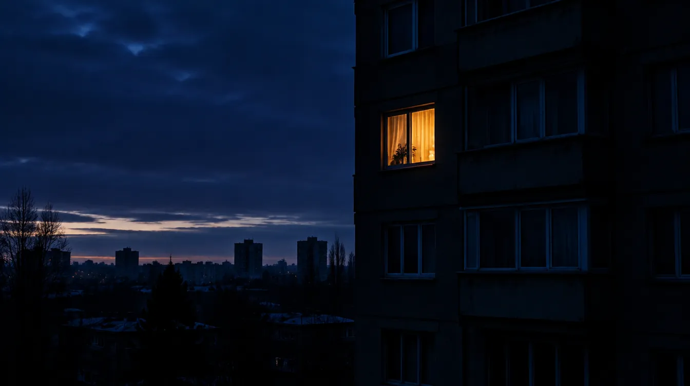 A single lit window in a dark building before sunrise