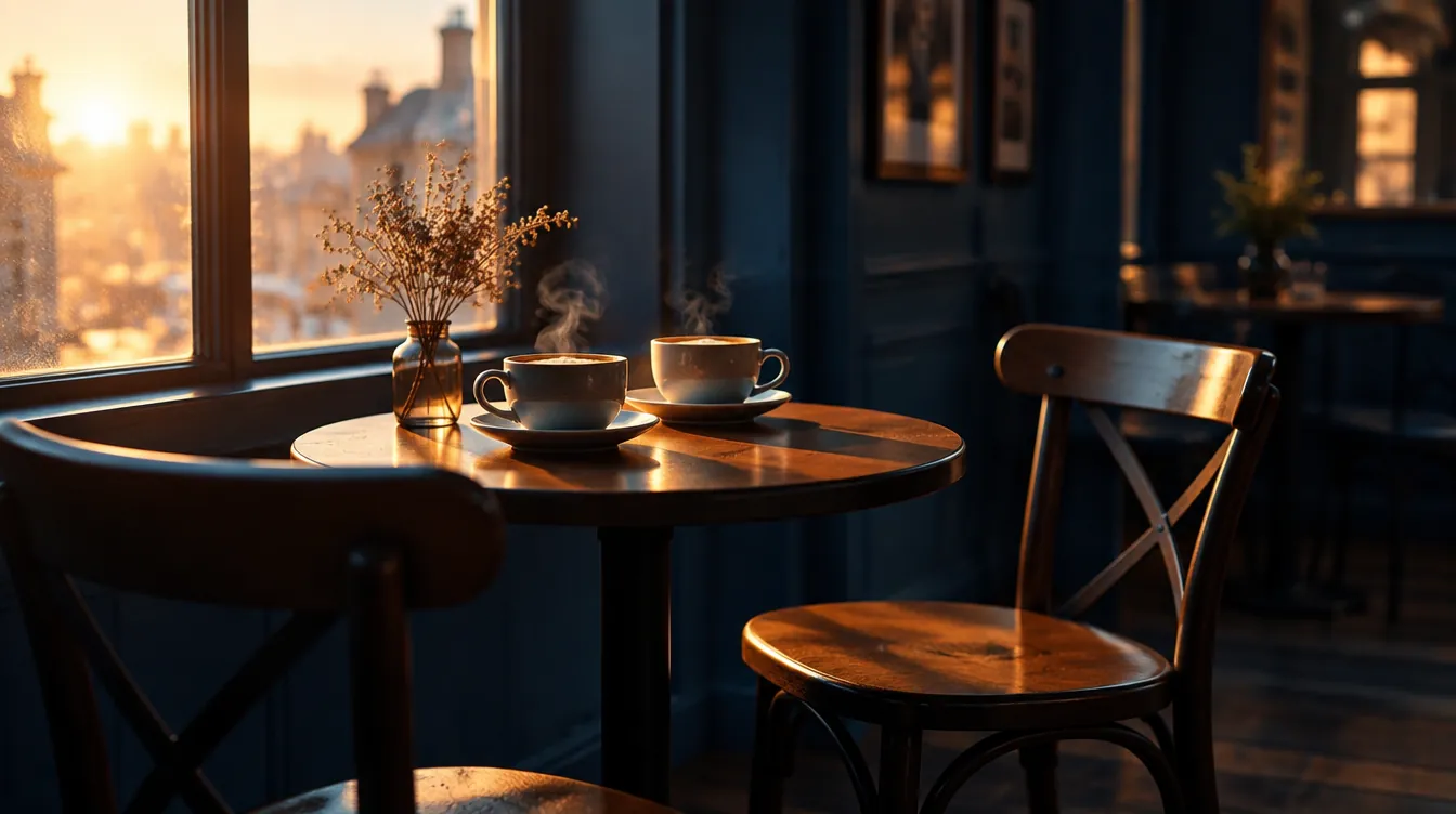 Two coffee cups on a cafe table