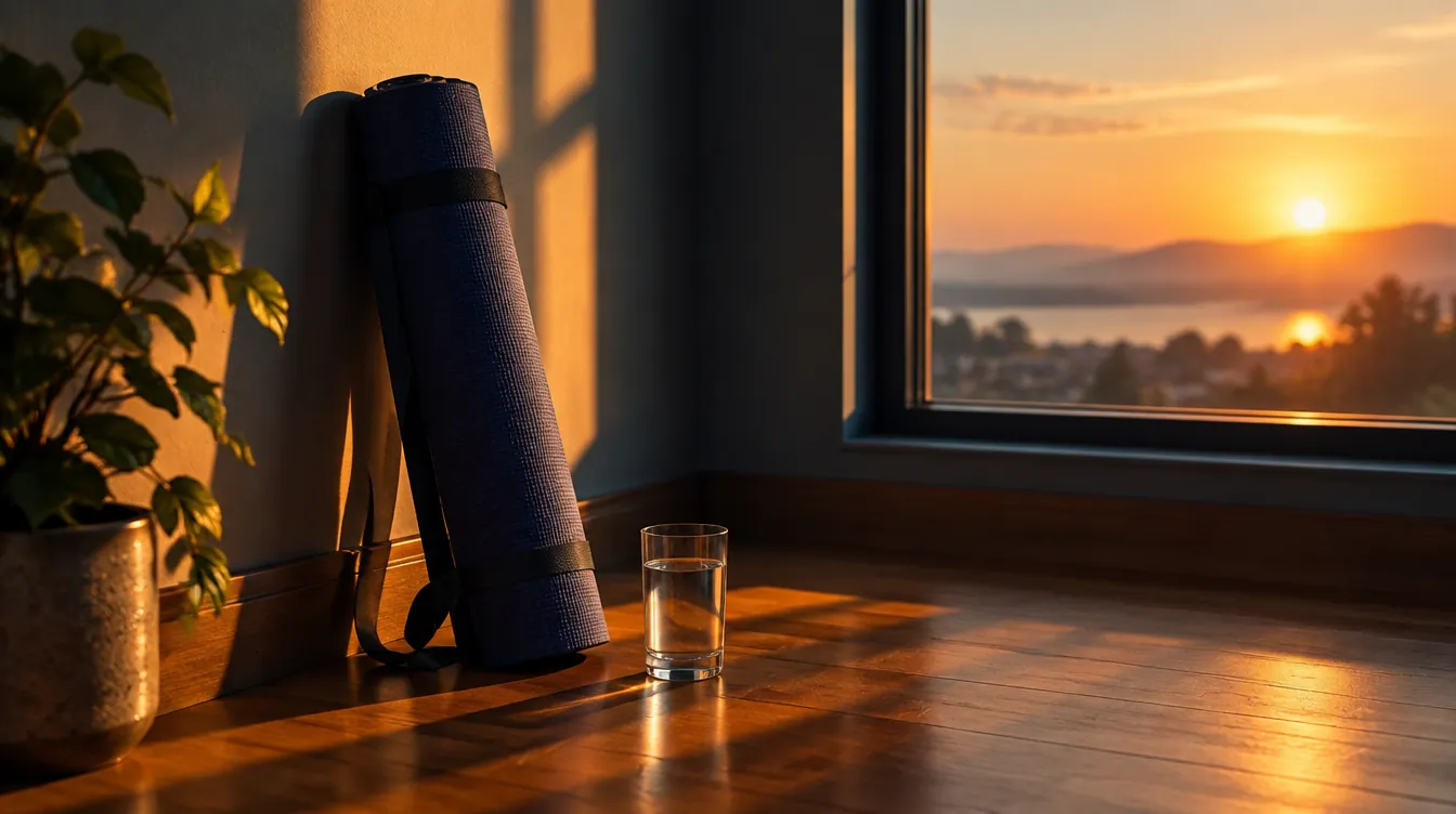 A rolled yoga mat by a window at sunrise